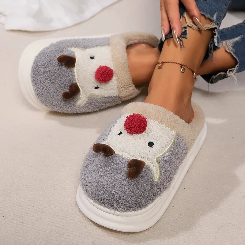 Christmas Elk Home Plush Slippers Women Winter Comfort Soft Sole Indoor Slides Woman 2025 Non-Slip Warm Cotton Shoes Slippers 241126