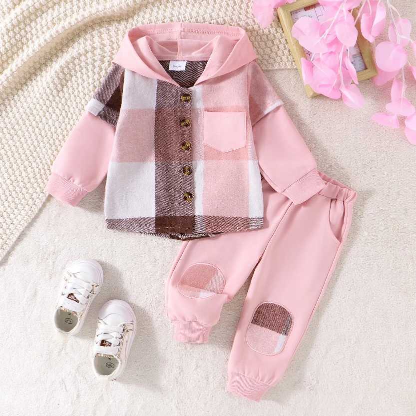 Clothing Sets Little Boy Girl Autumn Pants Sets Contrast Color Plaid Long Sleeve Hooded Jackets TopsTrousers Outfits Kids Streetwear H241126