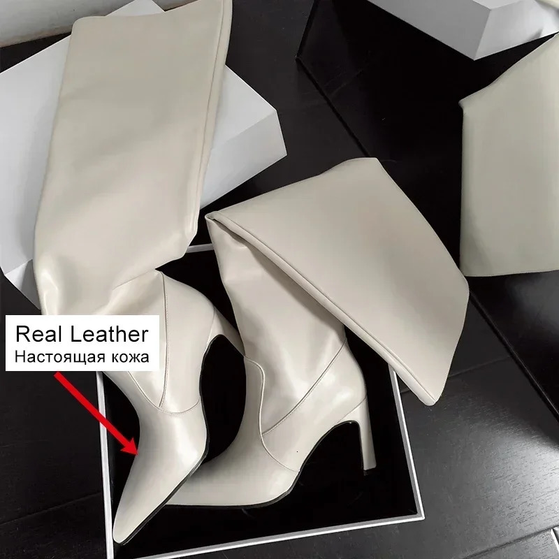 JOZHAMTA Size 34-43 Knee Boots For Women Real Leather Thick High Heels Winter Shoes Fall Fashion 2025 Ruched Wide Calf Long Boot 241114