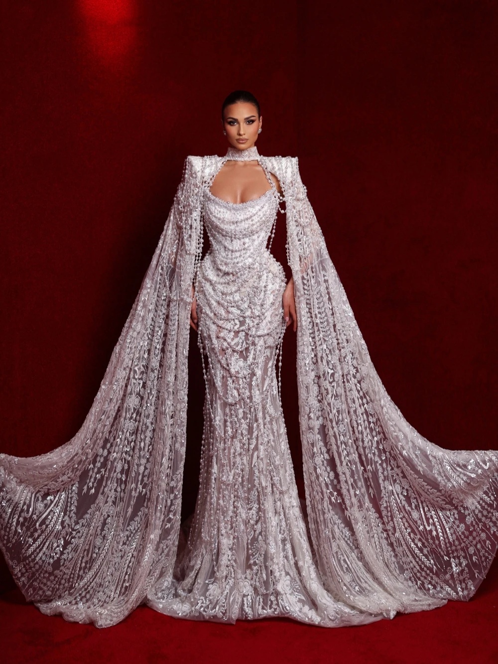 Exquisite Wedding Dresses Sequins Pearls Bride Gowns With Cape Sleeves Beading Appliques Princess Custom Made Bridal Dress Vestido De Novia 0218