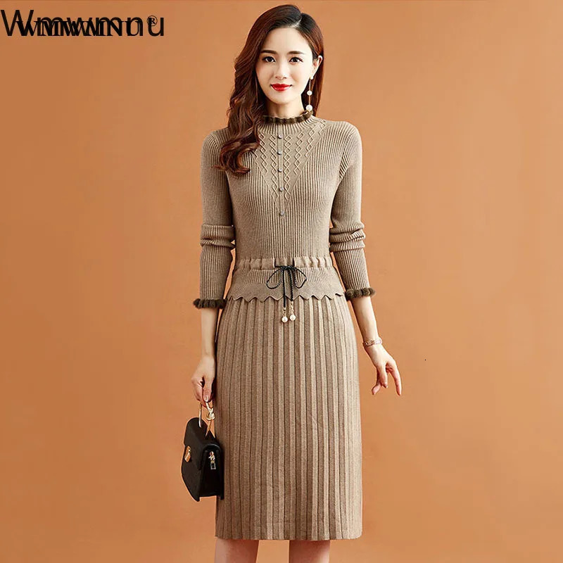 Wrinkled Knitted Dress Bottom Sweater Two Piece Womens Retro Elegant Long Sleeve Autumn Casual Slim Fit Midi Vestidos 241125