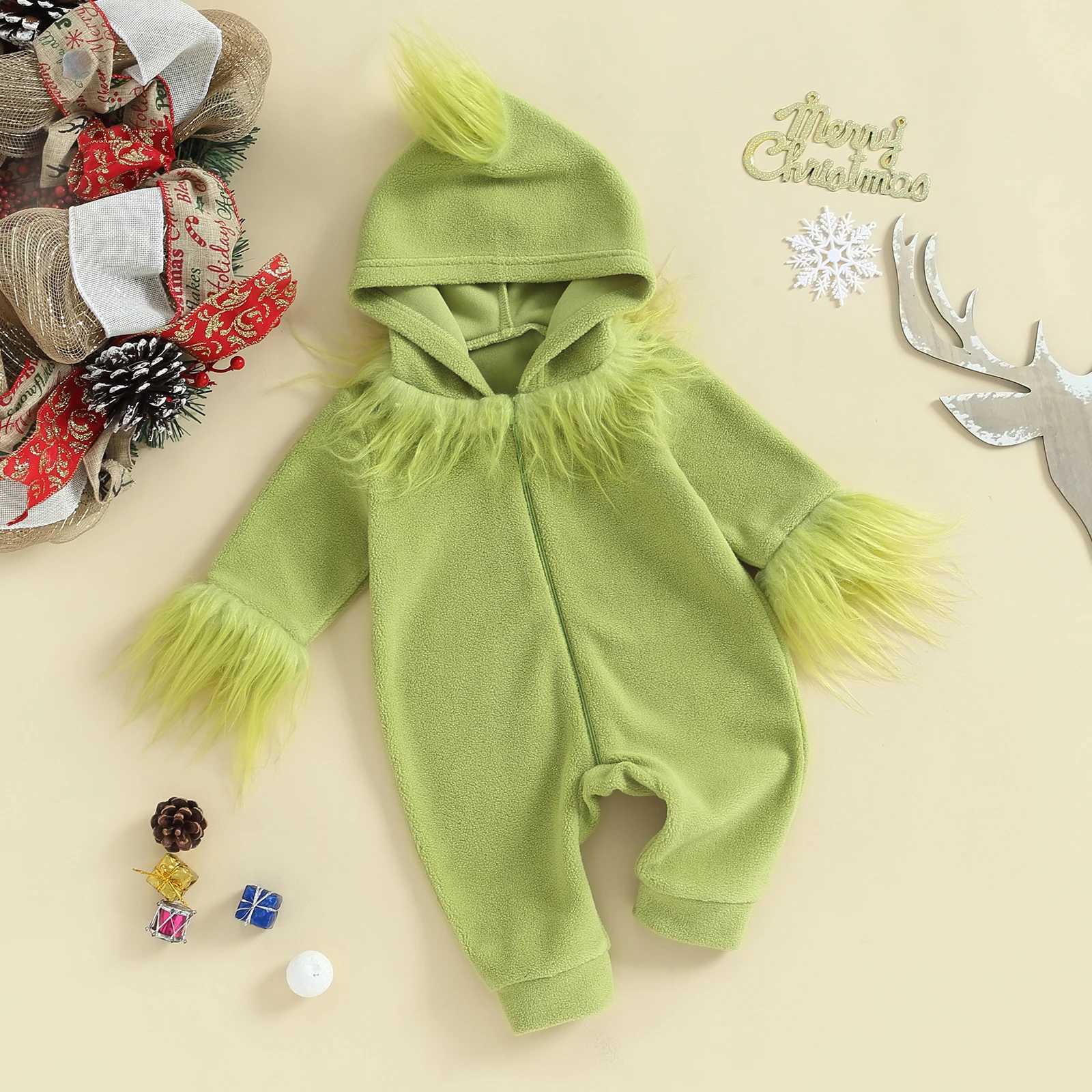 Clothing Sets Baby Boys Girls Christmas Jumpsuits Fur Trim Long Sleeve Rompers Toddler Kids Green Monster Baby Cosplay Costume H241126