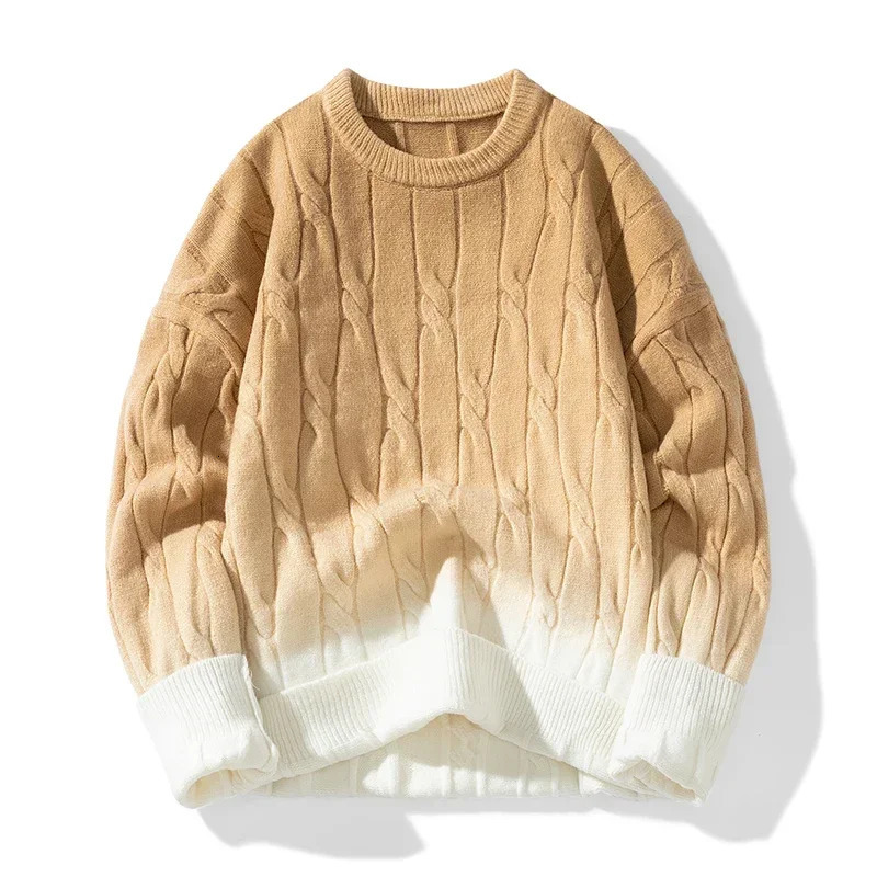 Korean gradient knitted loose block twisted knitted pull-out round neck sweater for autumn and winter warm couple top 241126