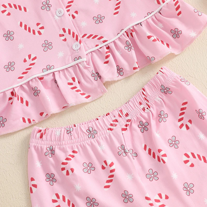 Children Kids Baby Girls Christmas Pajamas Sets TreeCandy CaneBow Print Shirts Tops Long Pants 2 Pieces Lounge Suit Sleepwear 241126