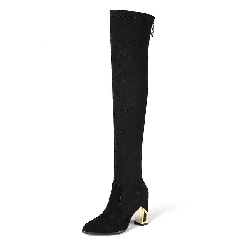 2024 Fashion Shoes for Women Zipper Womens Boots Winter Pointed Toe Suede Solid High Leg Over Knee Chunky Heels Socks Boots 241126