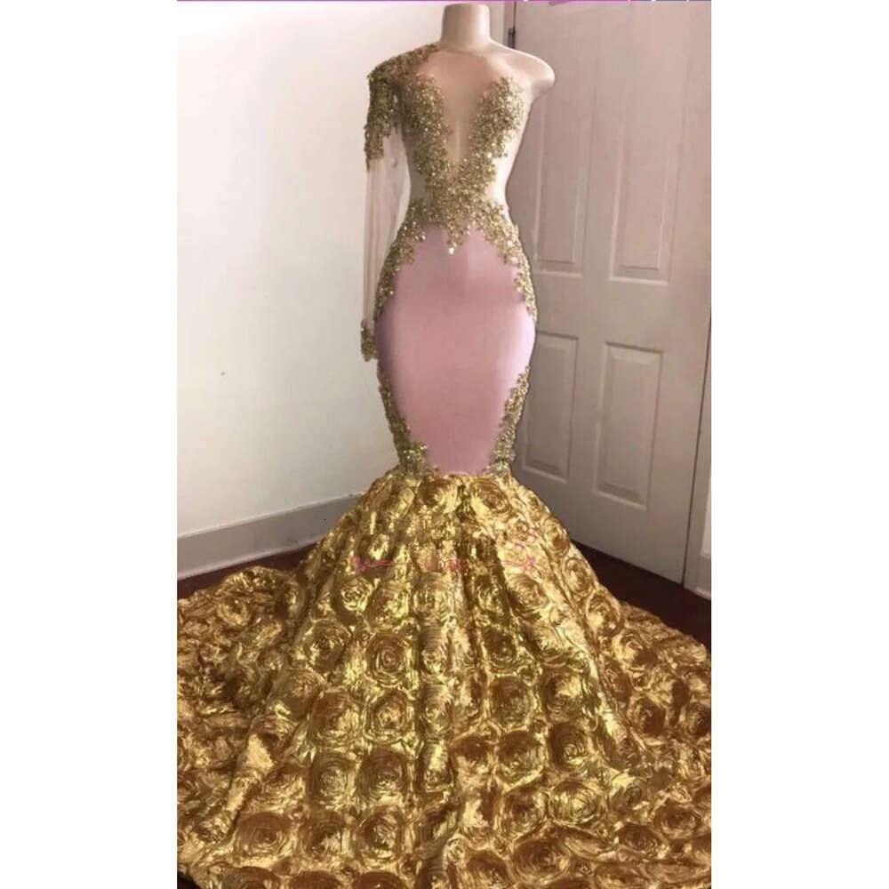 Shoulder Long One Mermaid Prom Dresses Tulle Lace Beaded D Floral Floor Length Formal Party Evening Gowns Bc