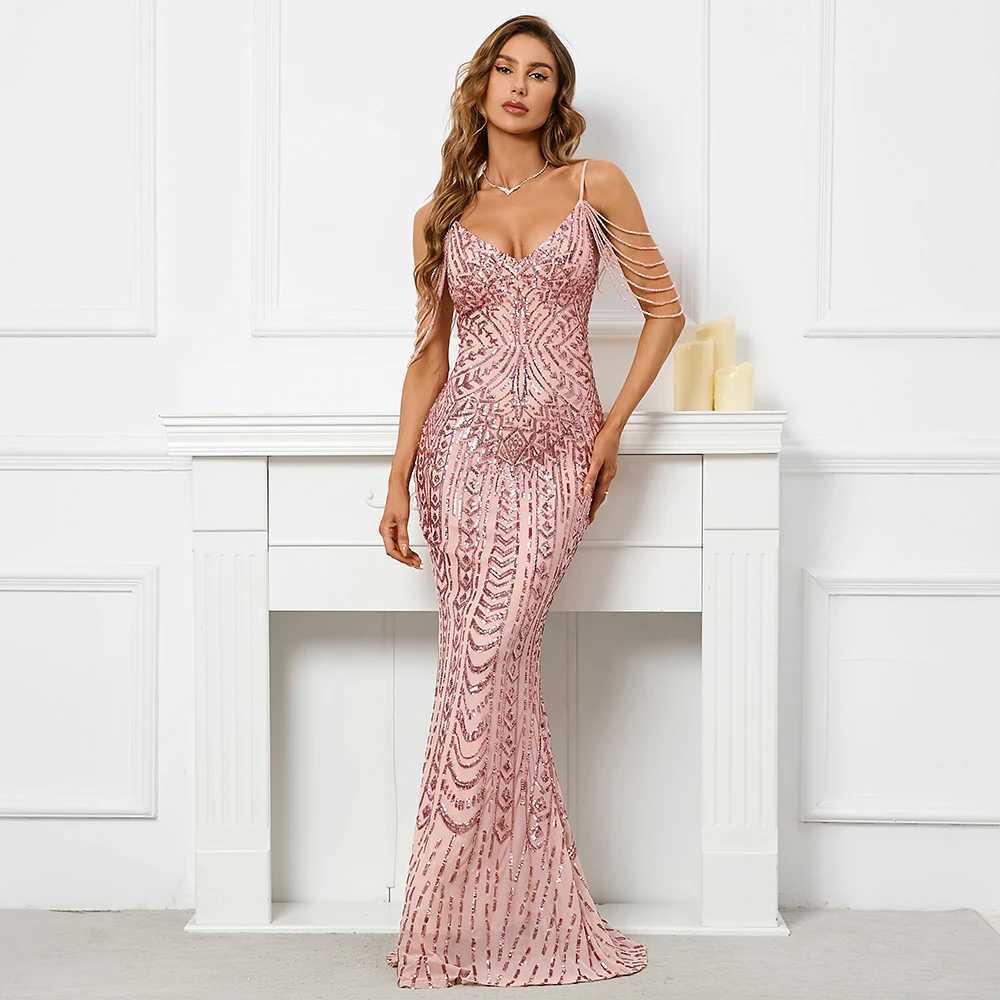Runway Dresses YIDINGZS Women Sequin Dress Strap Beading Party Maxi Dress Sexy V Neck Evening Dress Long Prom Dress Y240426I1T4