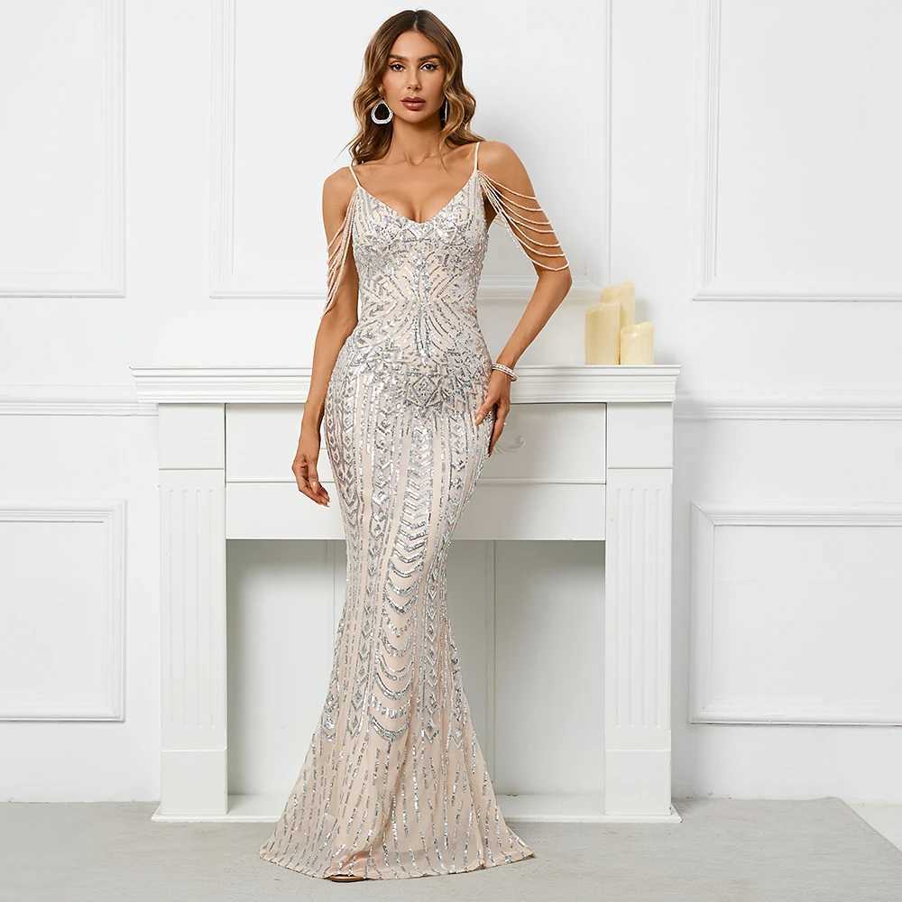 Runway Dresses YIDINGZS Women Sequin Dress Strap Beading Party Maxi Dress Sexy V Neck Evening Dress Long Prom Dress Y240426I1T4