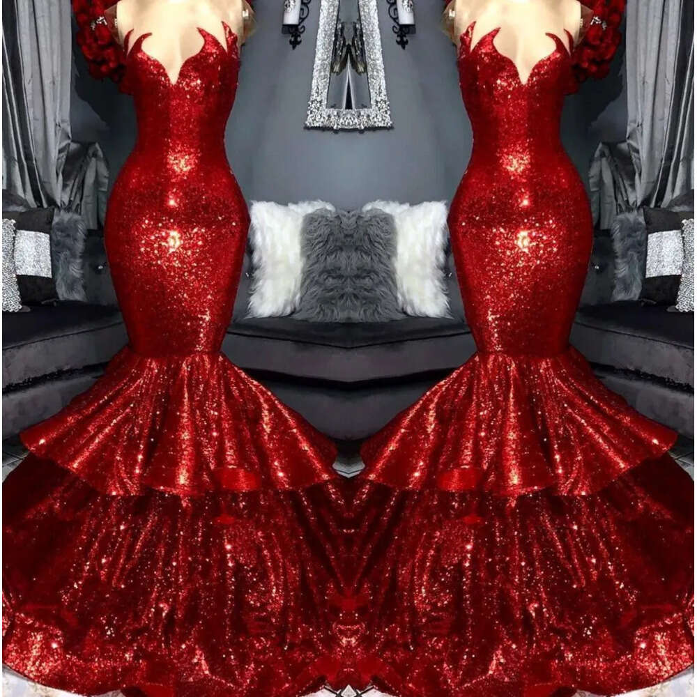 Red Prom Long Sequins Sheer Tulle Lace Applique D Floral Layered Ruffles Floor Length Formal Evening Dresses Bc