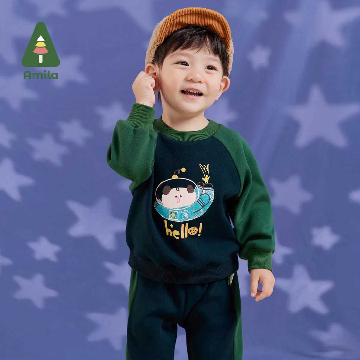 Clothing Sets Amila Baby Children Clothing Set 2024 Winter New Multicolour Round Neck Fleecing Warm Soft Baby Clothing H241126