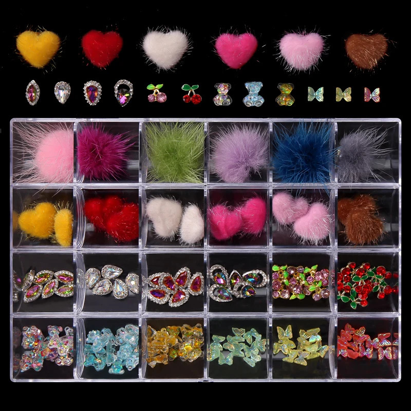 24Grids * 5pc 3D nail alloy gemstone rhinestone jewelry charm heart-shaped crystal gemstone DIY nail processing accessories 241126