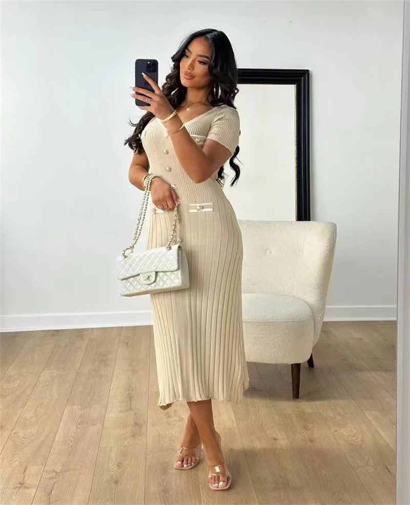 Office ladies elegant knitted long skirt summer short sleeved V-neck single chest tight dress womens party fashion vest 241125