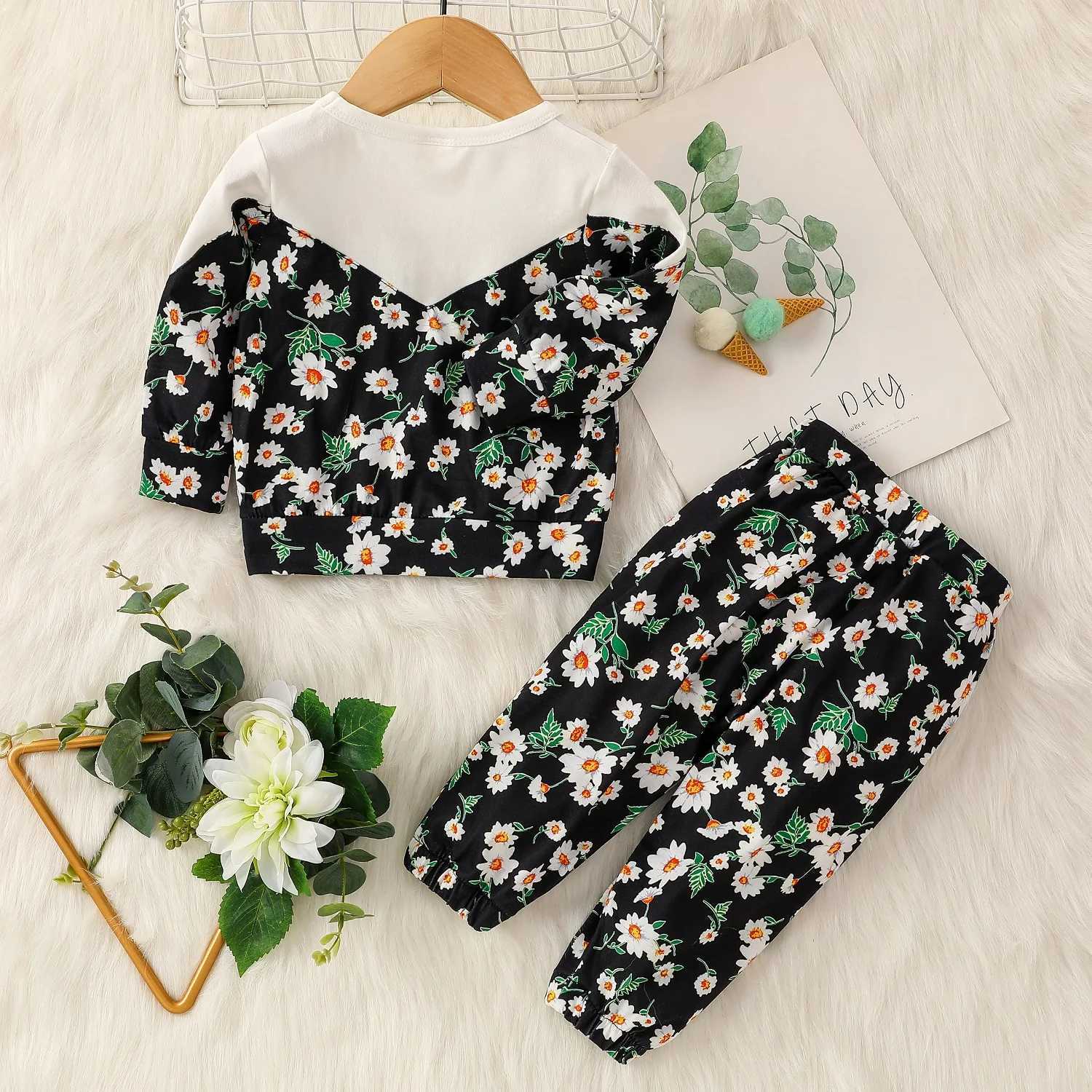 Clothing Sets 2024 New Fashion Baby girl Fall Daisy Sweatshirt +Pant With All Over Print 2Pcs Pastorale Pantsuit H241126