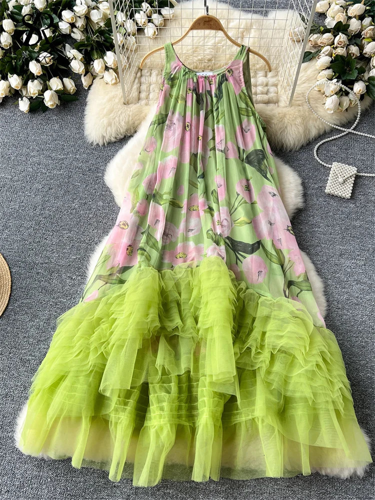 French Vintage Print Dress Women ONeck Spaghetti Strap Mesh Splice Irregular Ruffles Beach Fashion Ball Gown Dresses