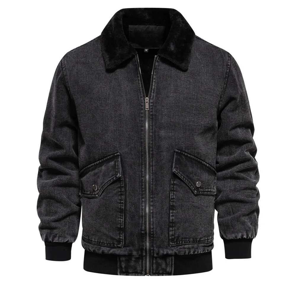 Winter new mens denim jacket thick wool windproof insulation full zipper fashion solid color mens jacket W241125