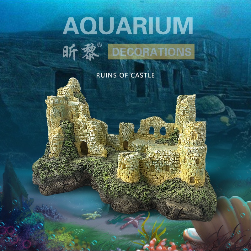 Realistic design aquarium resin purple waterfall castle ornament decoration for fish tank