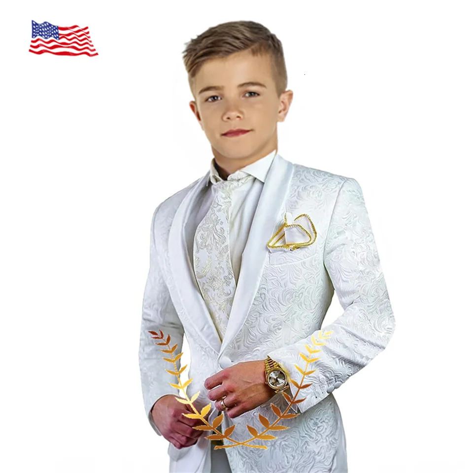 Jacquard Boys Wedding Suit Custom White Smoking Tuxedo Jacket Pants 2-piece Set Kids Terno Suit 241126