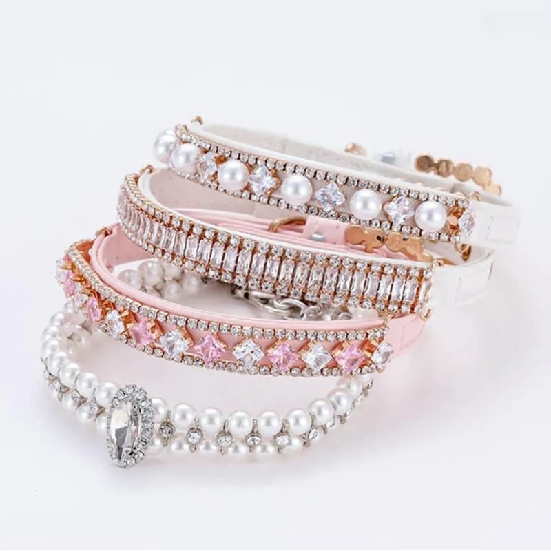 Designer Dog Collars Cat Collars Adjustable Pearl With Crystal Rhinestone Necklace PU Neck Strap For Small Dogs Accessories