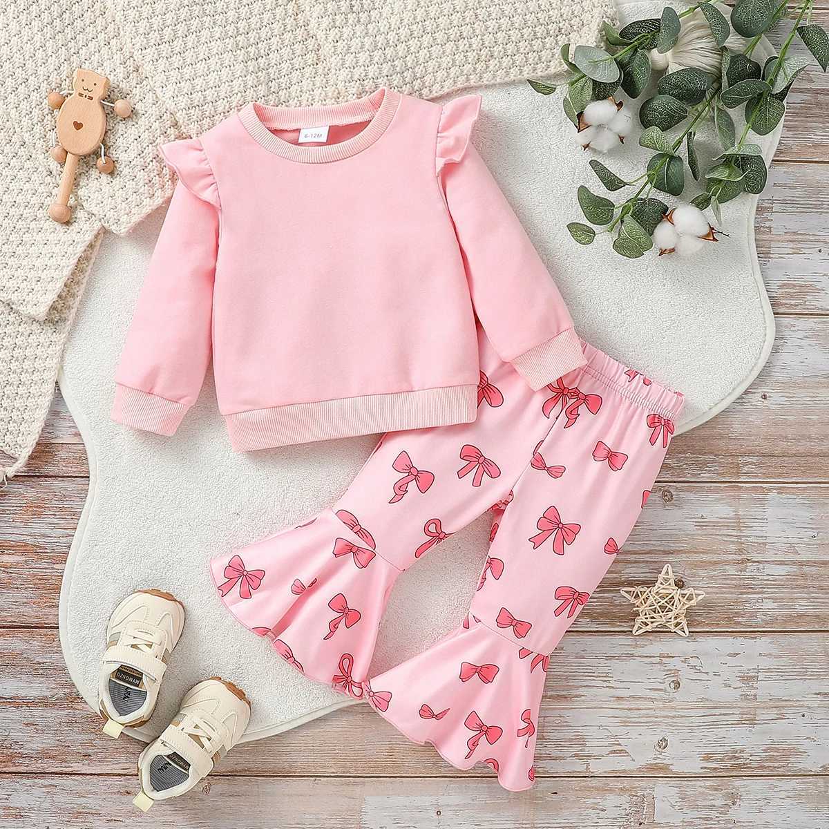Clothing Sets 2Pcs Kids Girl Fall Outfit Solid Color Long Sleeve Sweatshirt With Bow Print Flare Pants Children Honey Pink Clothes Set H241126
