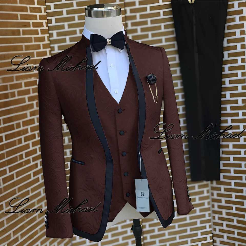 Elegant mens wedding groom evening gown three piece white jacquard jacket vest pants formal party gown customization X241126
