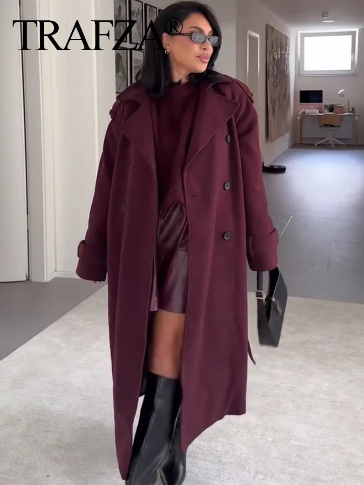 TRAFZA Women Elegant Burgundy Lapel Blend Maxi Overcoat Fashion Winter Double-Breasted Jacket with Belt Female Chic Trench Coat 241126