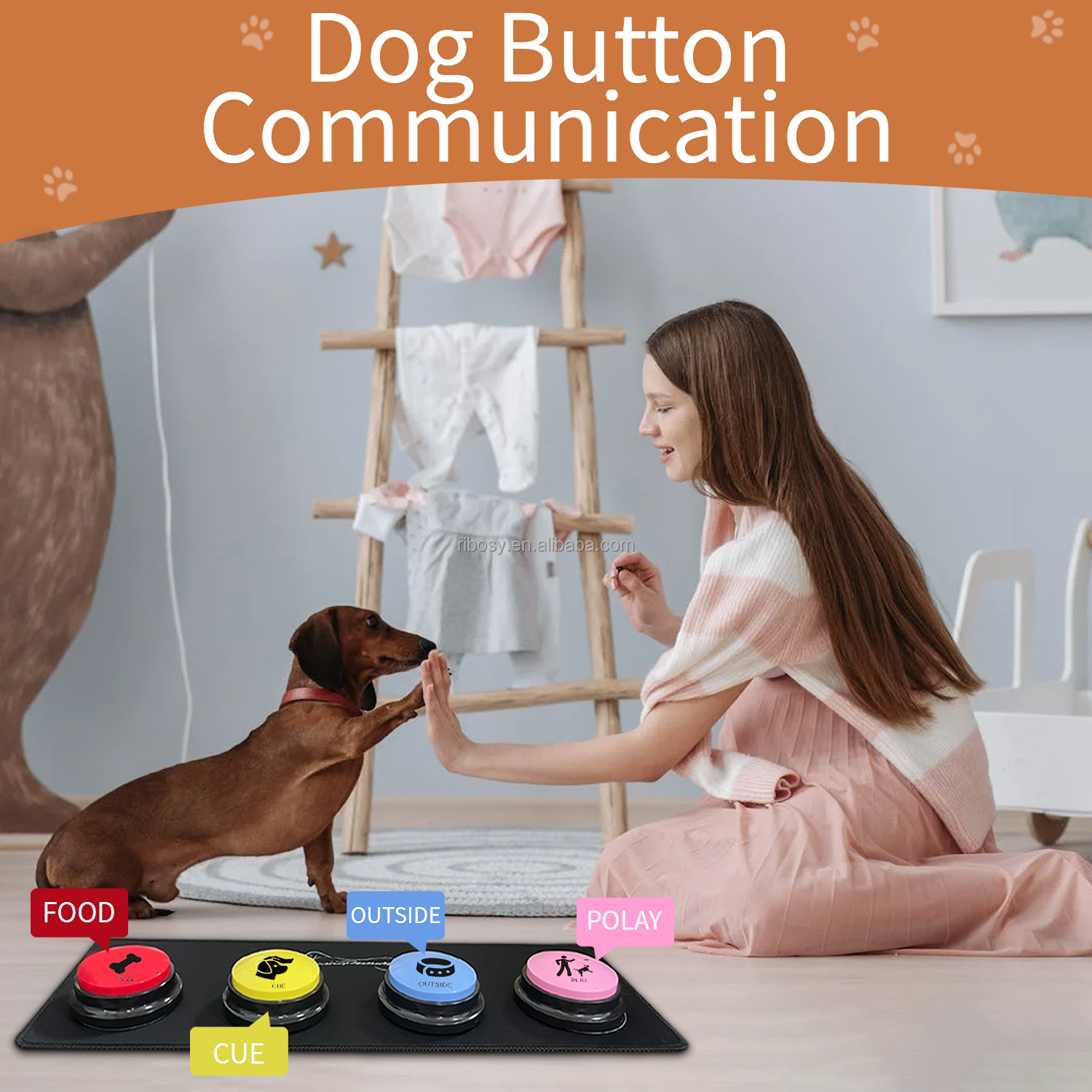 RIBOSY Set of 4 Dog Training Recorable Buttons ,Pet Communication Kits with Rubber Mat and DIY Training Stickers