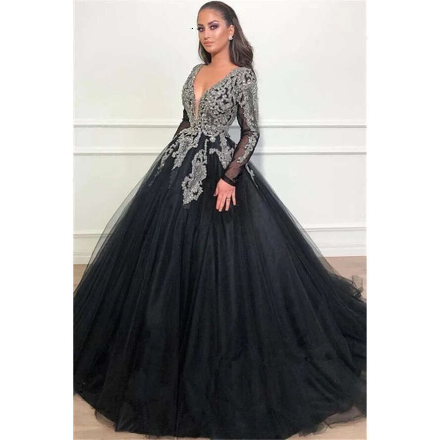 Arabic Black Sheer Evening Dresses Long Sleeve Beaded Stones Formal Party Gowns