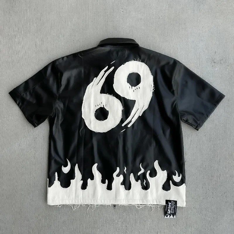 2024 Summer Leather Short Sleeve Y2K VIntage Harajuku Fashion T-shirt Mens Street Hip Hop Casual Collar Zipper T-shirt Top 241126
