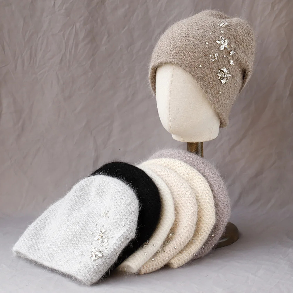Winter Rabbit Fur Knitted Womens Hat High Quality Rhinestone Warm Thick Beanies Hat Versatile Ear Protection Hat 241126