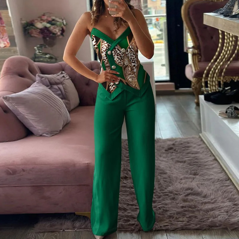 Elegant Double Breasted Sling Printing Sets For Women Summer Fashion Sleeveless Sexy Off-shoulder Long Pants Female Party Suits 240415