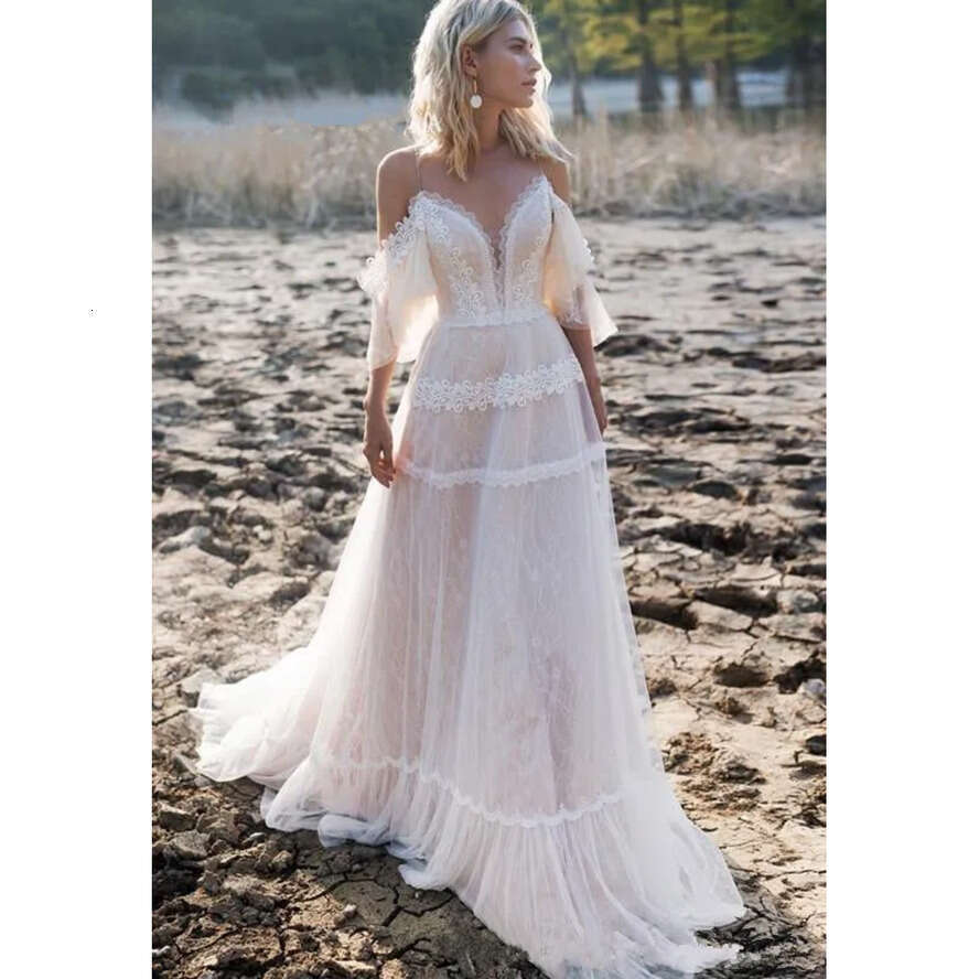 Bohemian Dresses Off Shoulder A E Lace Applique Illusion Boho Country Wedding Dress Backless Plus Size Beach Bridal Gowns