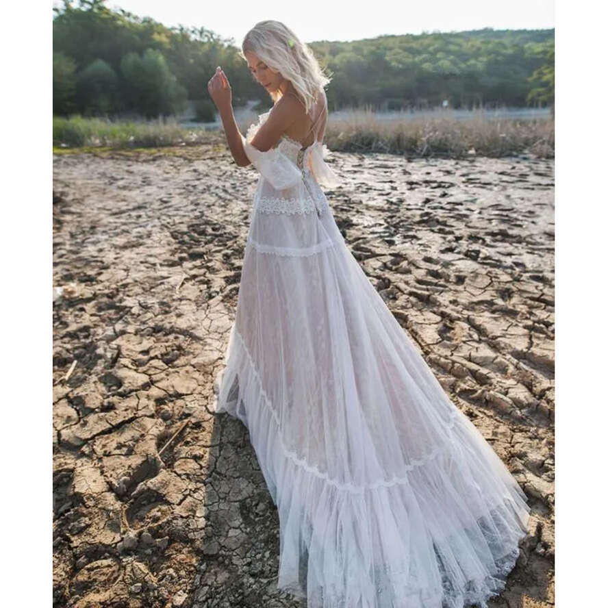 Bohemian Dresses Off Shoulder A E Lace Applique Illusion Boho Country Wedding Dress Backless Plus Size Beach Bridal Gowns