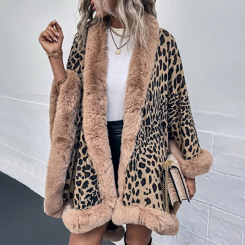 WeHello AutumnWinter Ethnic Style Fur Collar Cape Cardigan Fashion Leopard Pattern Shawl Sweater for Women 241112