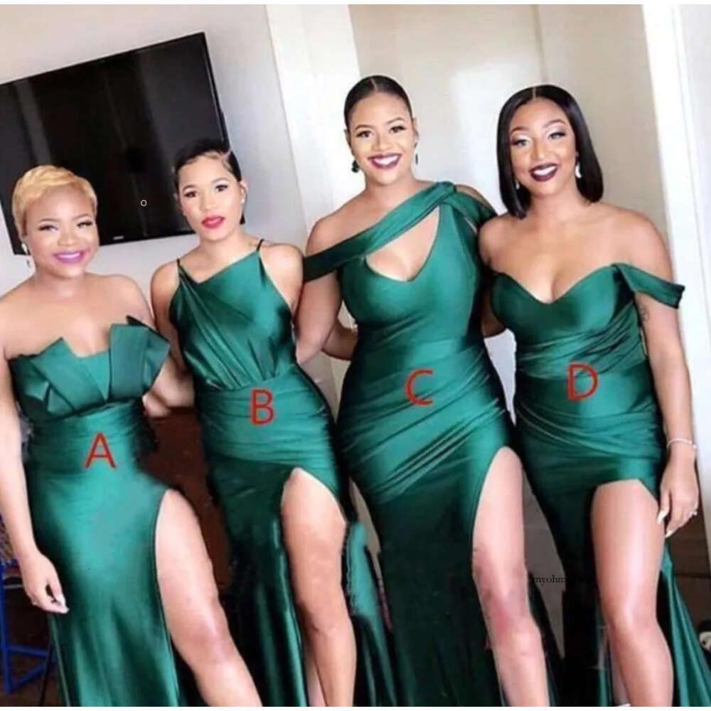 One Pcs African Green Split Bridesmaid Long Satin Ruched Maid of Honor Dress Mermaid Wedding Guest Plus Size Dresses 2024