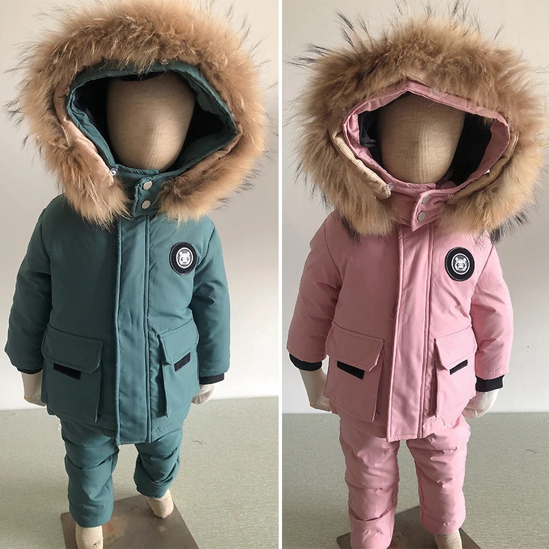 Children Down Suit Winter Real Fur Collar Baby Girls Snowsuit Coat 2Pcs Set Kids Outwear and Jumpsuit Warm Boy Ski Suit 1-5Yrs 241126