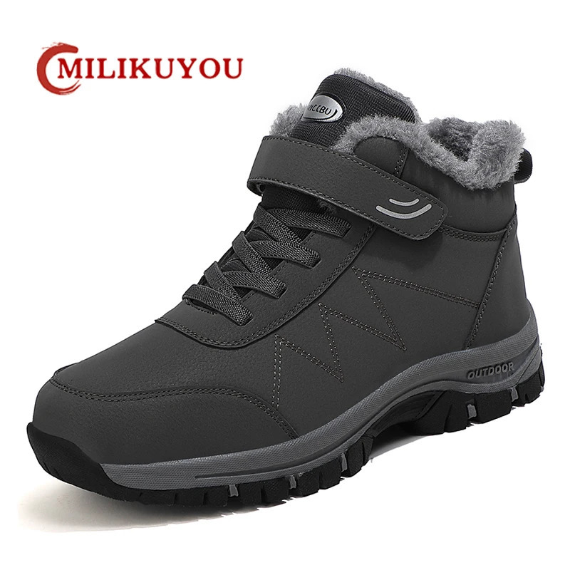 Winter womens plush Pu leather waterproof sports shoes climbing and hunting shoes unisex lace up outdoor warm hiking boots 241126