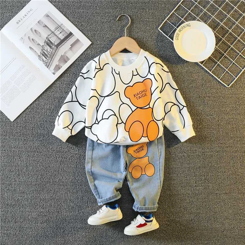 Clothing Sets Spring Autumn Baby Boys Clothes Sets Children Fashion Cartoon Bear Long Sleeve Tops Jeans Pants 2Pcs Outfits Kids Sport Suit H241126