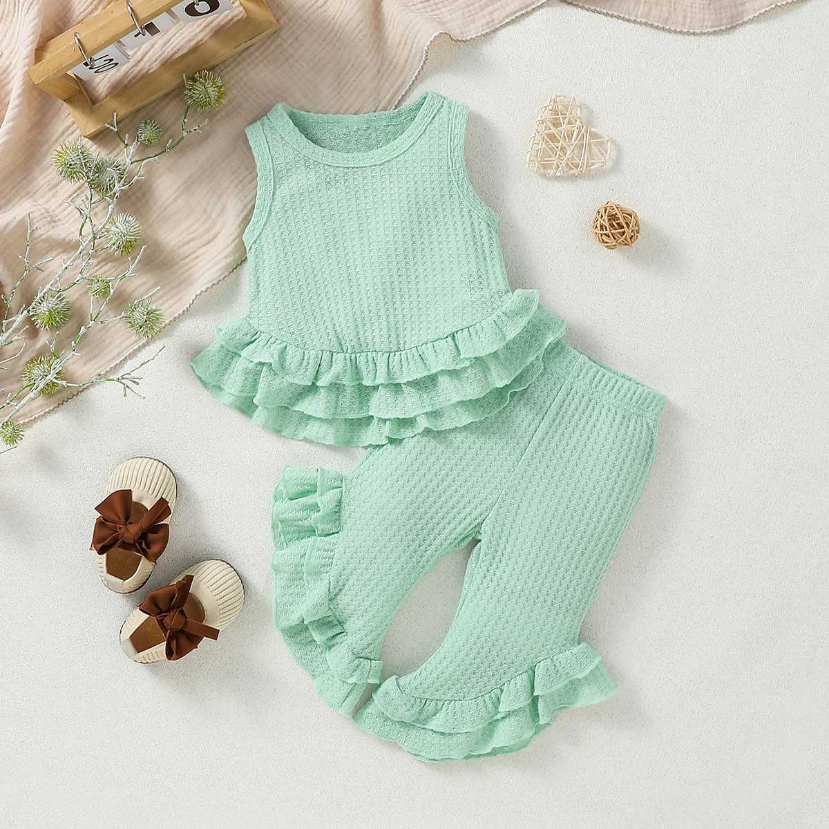 Clothing Sets Baby Girls Summer Green Sleeveless Top+Trousers With Ruffled Fashion Vacation Set Clothing H241126
