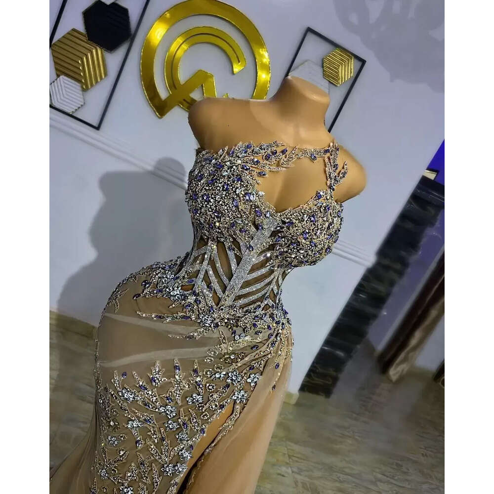 Ebi Arabic Aso Plus Size Gold Urious Mermaid Prom Dresses Beaded Crystals Evening Formal Party Second Reception Birthday Engagement Gowns Dress Bc 666