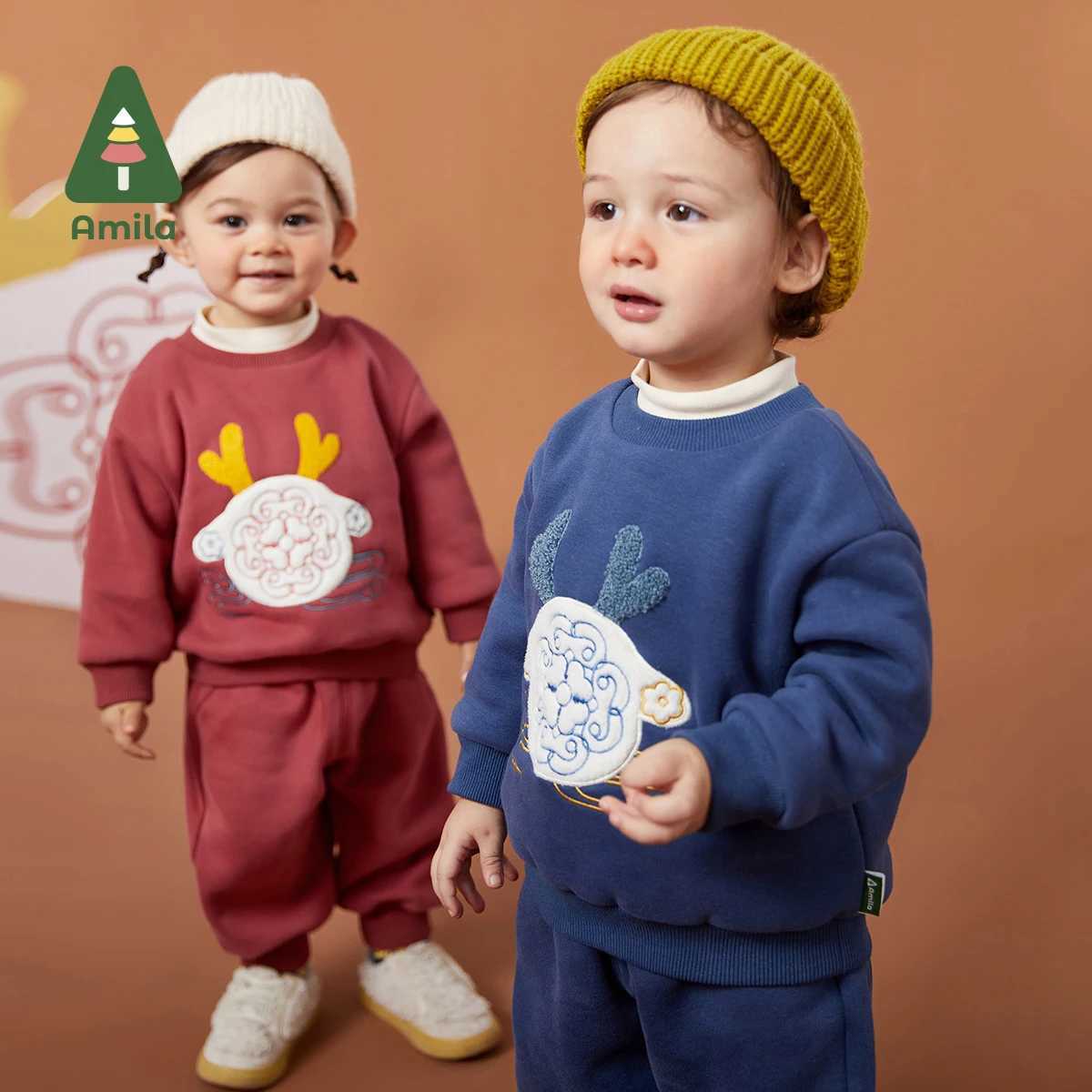 Clothing Sets Amila Babys Set 2024 Winter New Boys and Girls Cartoon Fashion Casual Chinese Elements Embroidered Warmth Kids Suits H241126