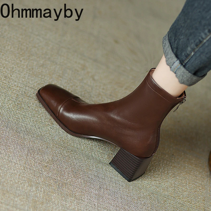 Retro Style Women Short Boots Fashion Back Zippers Ankle Booties Square High Heels Autumn Winter Shoes 241114