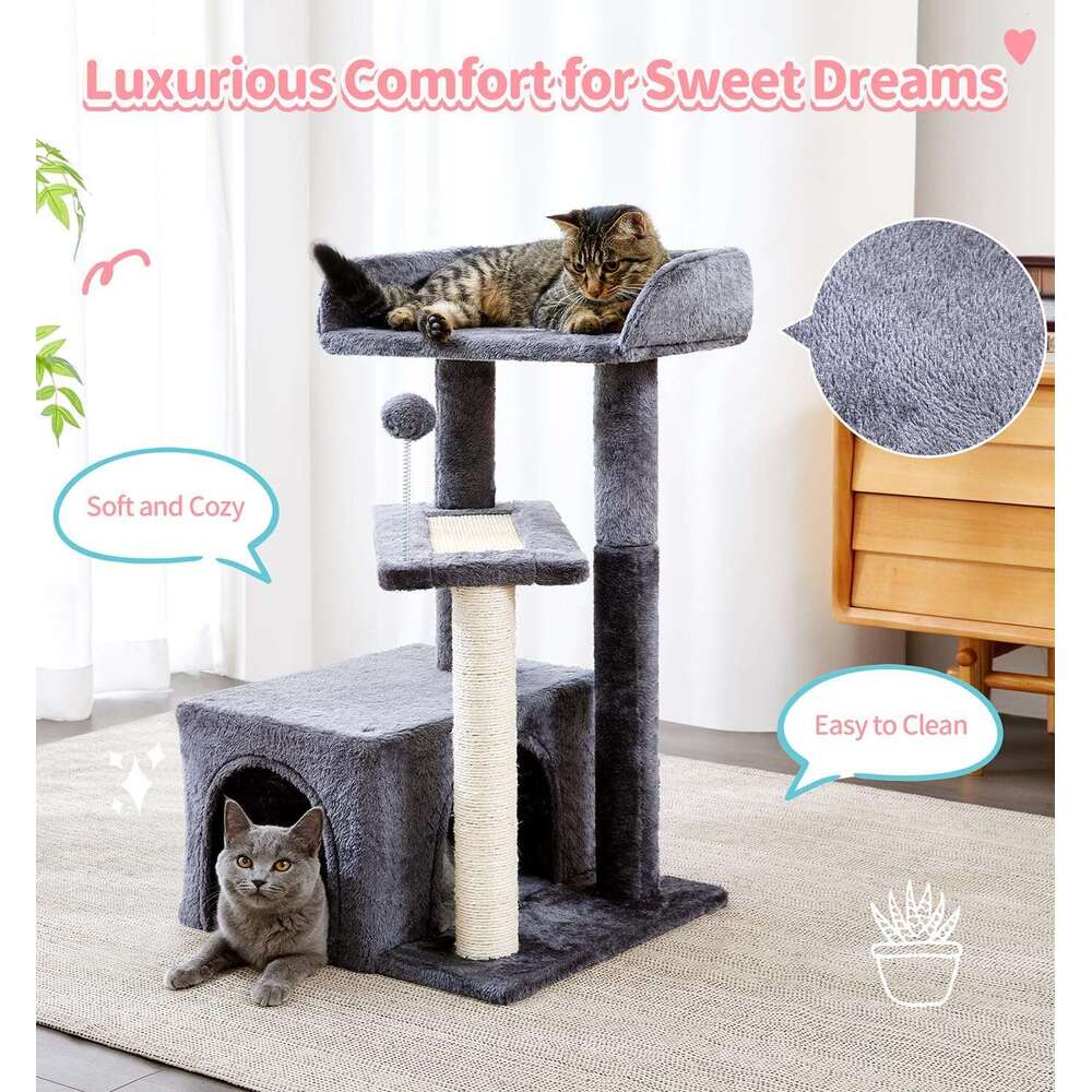 Made4Pets Cat Tree, Cat Tower Indoors Cute Wood Kitty Condo with Scratching Post Pad, 29" Multi-Level Modern Activity Climbing Furniture, Dark Gr