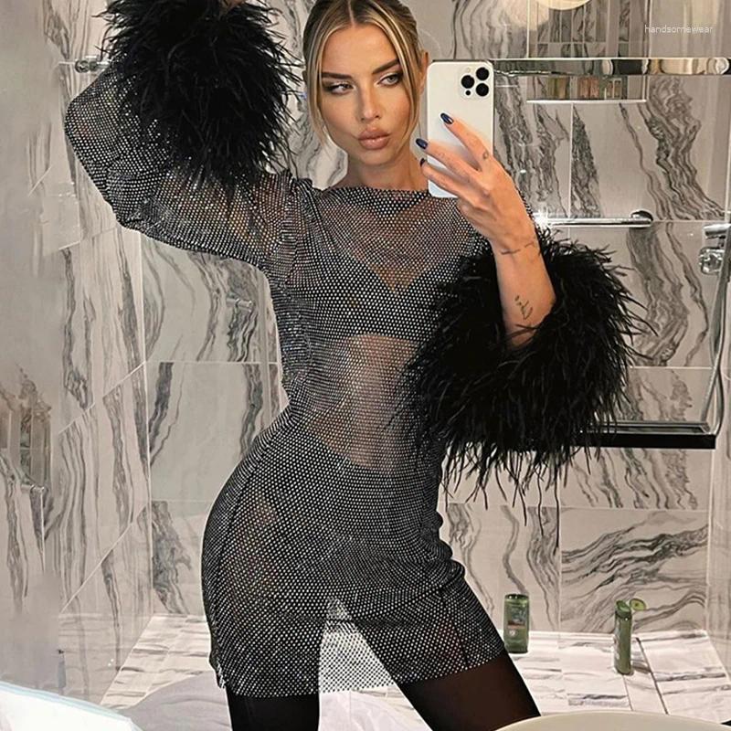 Casual Dresses Festival Sexy Loose Sheer Rhie For Women Fashion Fishnet Mesh Crystal O Neck Feather Long Sleeve Mini Dress