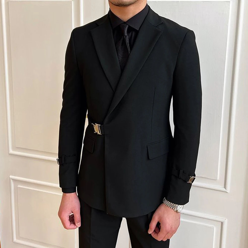 British style black suit jacket mens elegant gentleman business casual professional formal dress belt double chest 241126