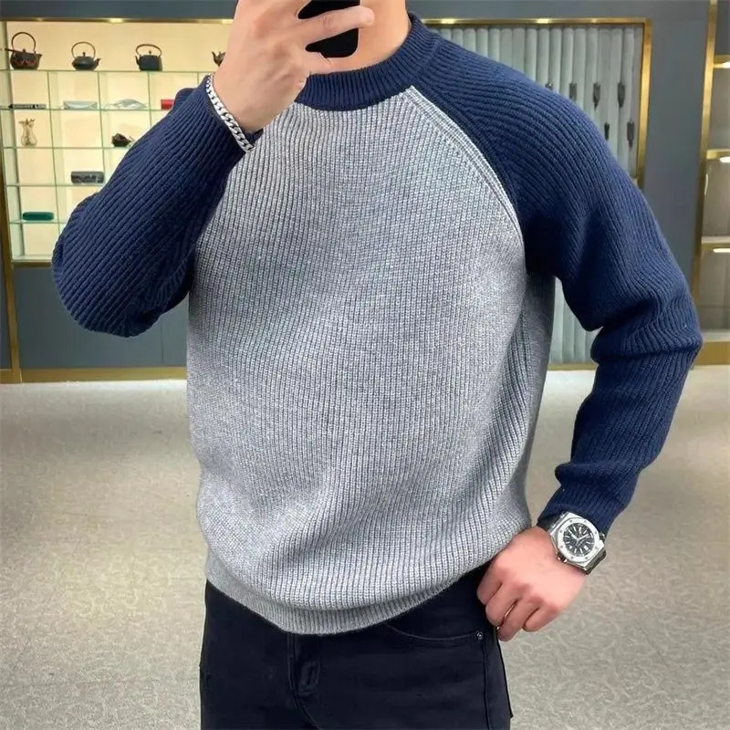 Autumn and Winter Mens Sweater Casual Warm Loose Fashion Patch Work Pulling Flower Retro Harajuku Round Neck Knitted Bottom Sweater 241126