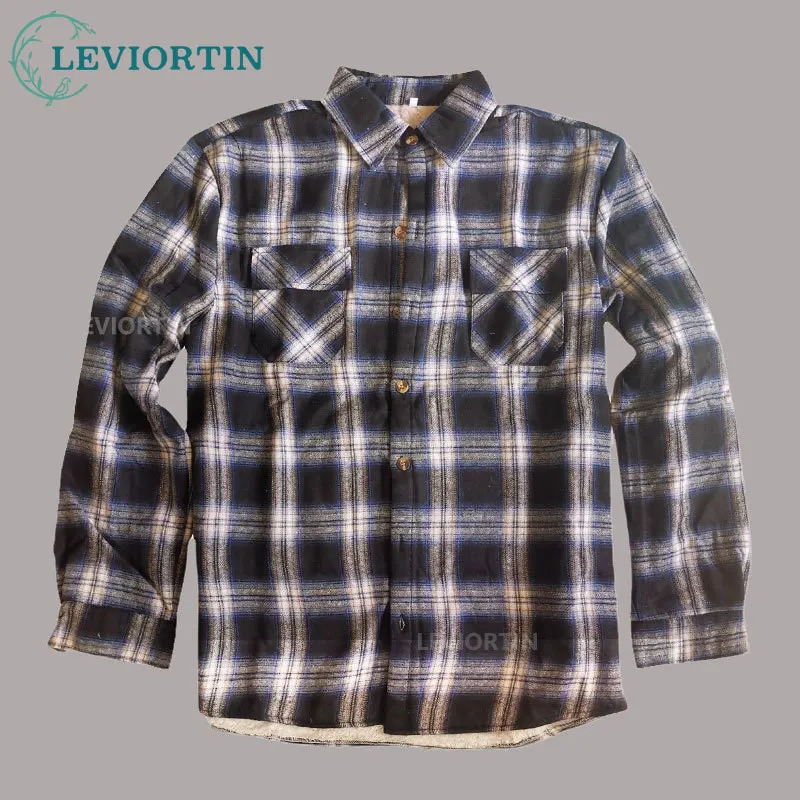 Winter mens flannel plain button up long sleeved shirt Sherpa fashion wool lining keeps warm mens classic shirt jacket 241126