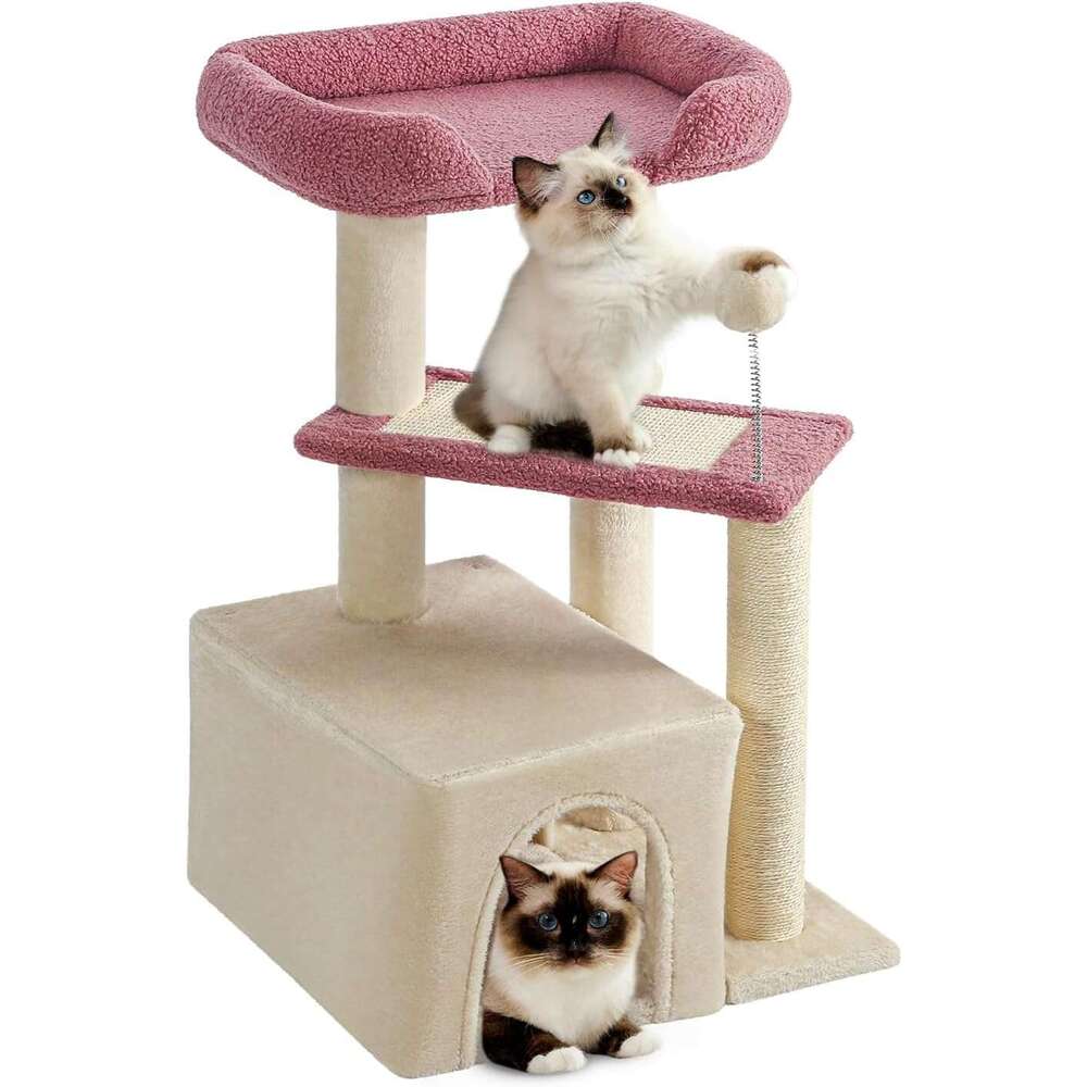 Made4Pets Cat Tree, Cat Tower Indoors Cute Wood Kitty Condo with Scratching Post Pad, 29" Multi-Level Modern Activity Climbing Furniture, Pink, 3