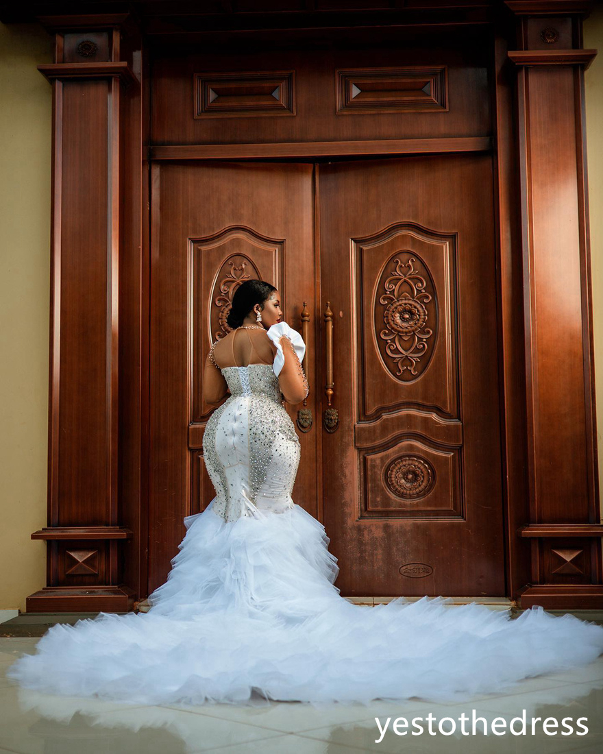 2024 Luxurious Mermaid Wedding Dresses Bridal Gowns Plus Size Illusion Side Split Rhinestones Pearls Beaded Lace Wedding Gown for African Black Women 