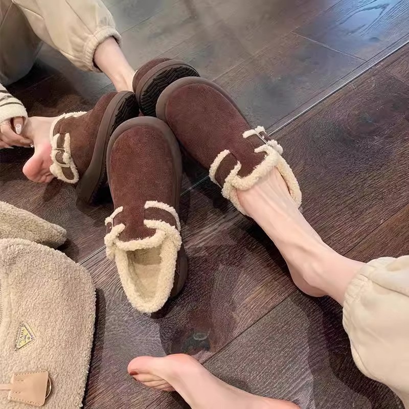 white woman snow fur designer metal chains lambwool moccasins flats platform cotton shoes for women plush loafers