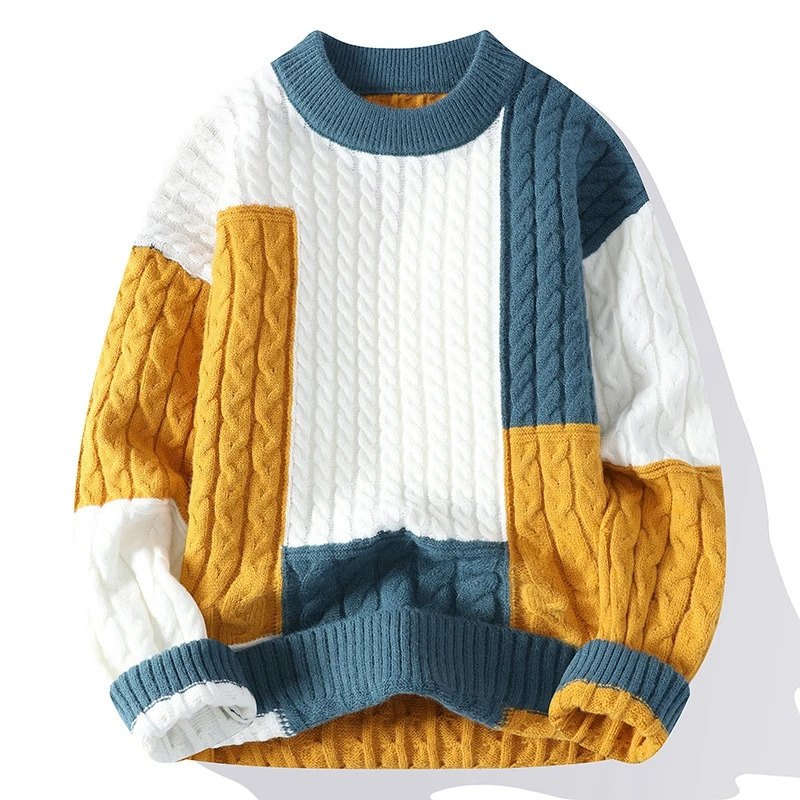 winter fashion patch work loose sweater mens street clothing high-quality mens casual sweater warm knit fleece mens clothing 241126